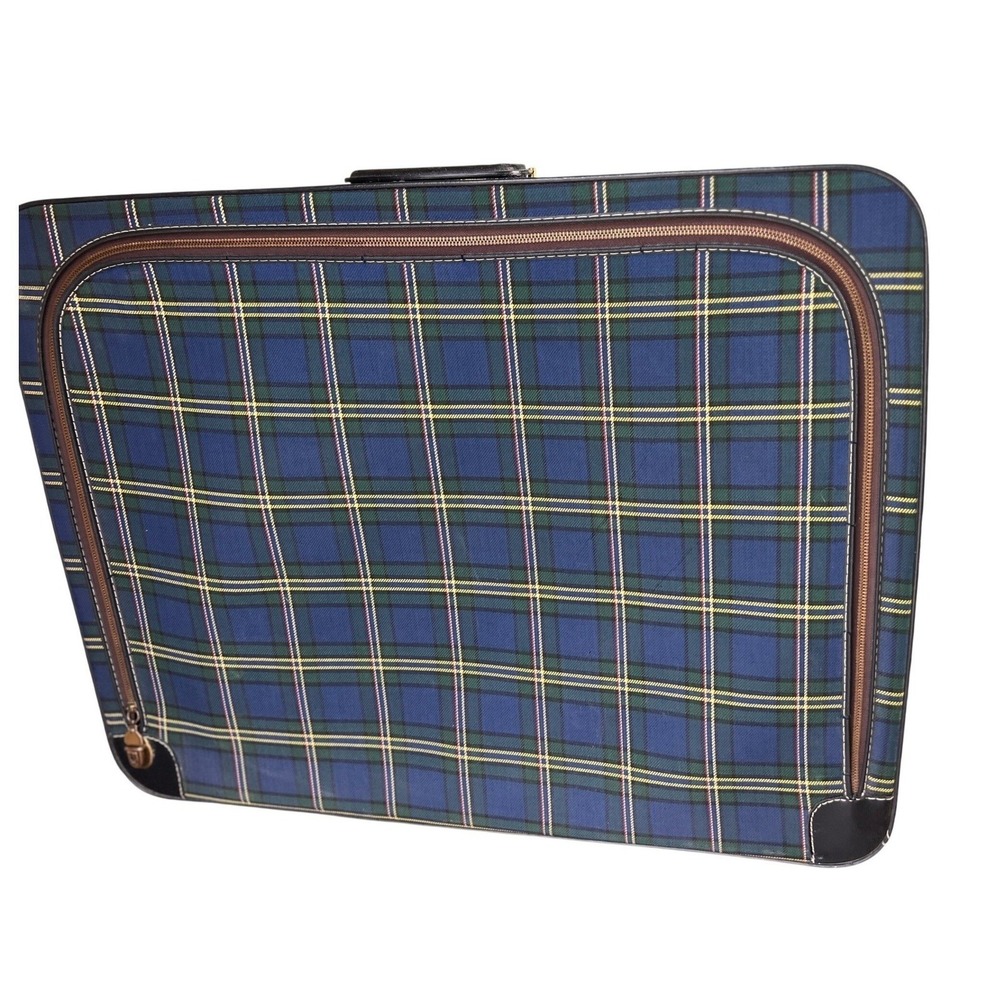 Vintage Leeds Plaid Suitcase Blue Green Soft Sided Luggage Retro Travel Bag